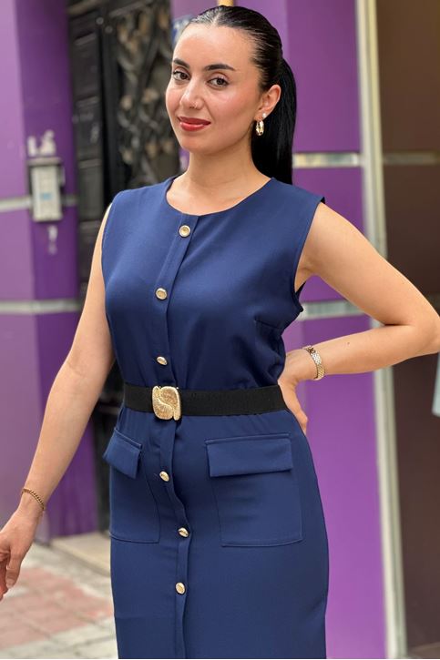 Bel Kemer Detaylı Düğmeli Midi Boy Elbise-Lacivert