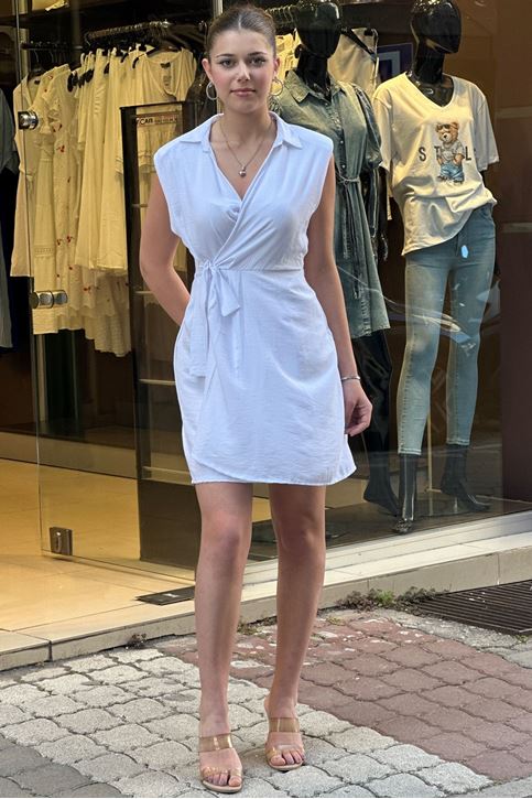 Gömlek Yaka Bel Bağlamalı Keten Mini Elbise-Beyaz