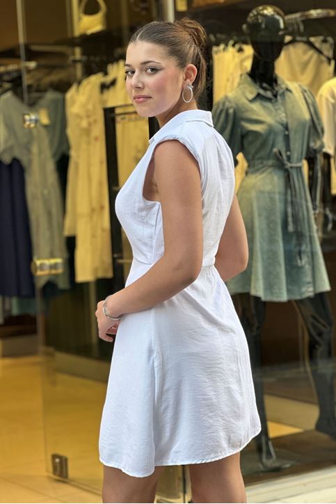 Gömlek Yaka Bel Bağlamalı Keten Mini Elbise-Beyaz