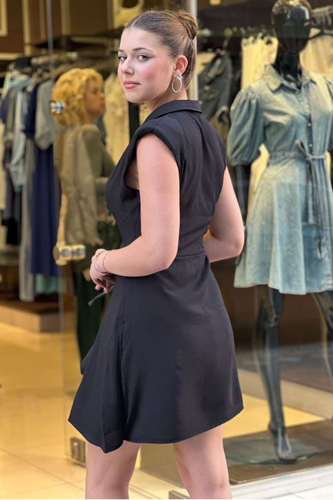 Gömlek Yaka Bel Bağlamalı Keten Mini Elbise-Siyah