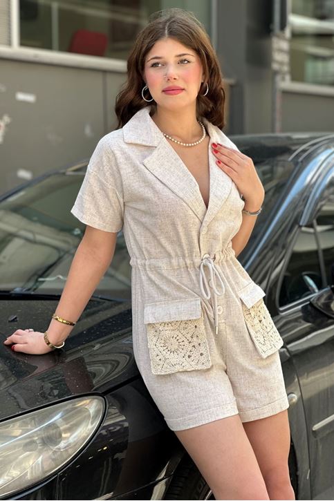 Ceket Yaka Cep Fisto Detaylı Keten Tulum-Krem