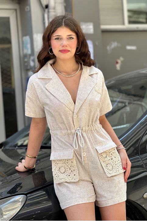 Ceket Yaka Cep Fisto Detaylı Keten Tulum-Krem