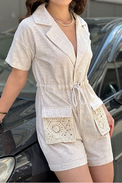 Ceket Yaka Cep Fisto Detaylı Keten Tulum-Krem