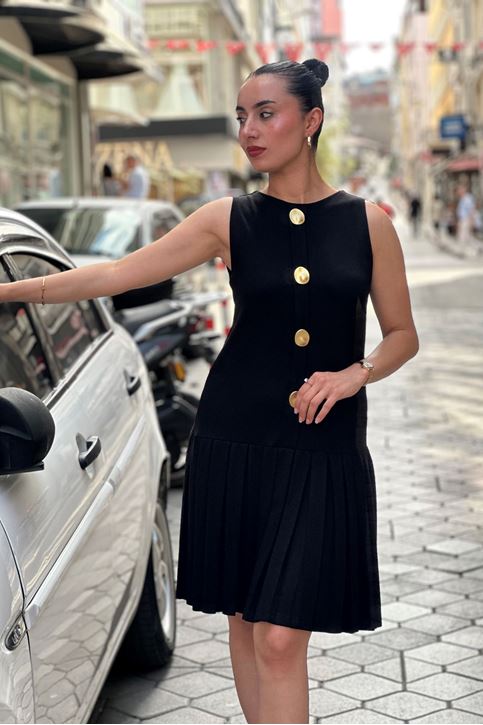 Ön Düğme Detay Eteği Pileli Elbise-Siyah