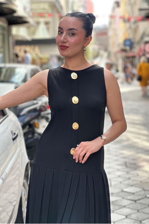 Ön Düğme Detay Eteği Pileli Elbise-Siyah