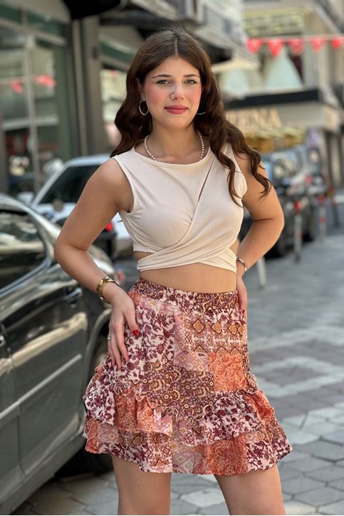 Etnik Desen Volanlı Mini Şifon Etek-Pudra