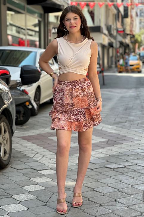 Etnik Desen Volanlı Mini Şifon Etek-Pudra