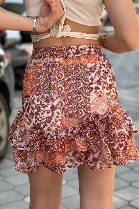 Etnik Desen Volanlı Mini Şifon Etek-Pudra