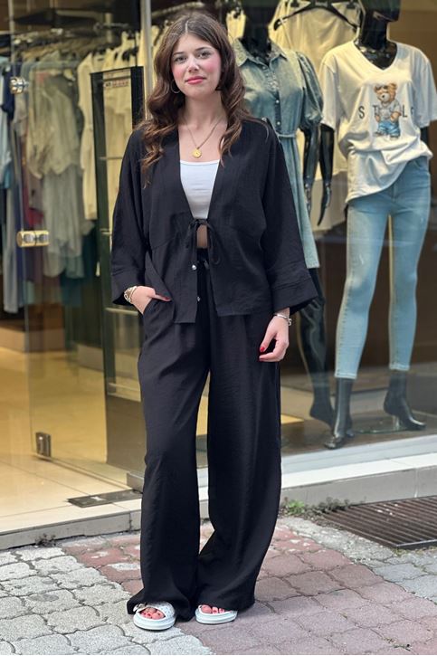 Salaş Ceket Detaylı Bol Paça Keten İkili Takım-Siyah