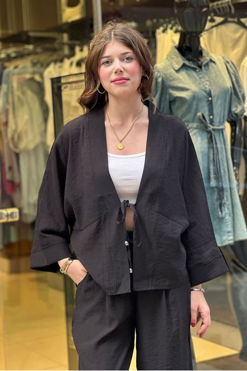 Salaş Ceket Detaylı Bol Paça Keten İkili Takım-Siyah