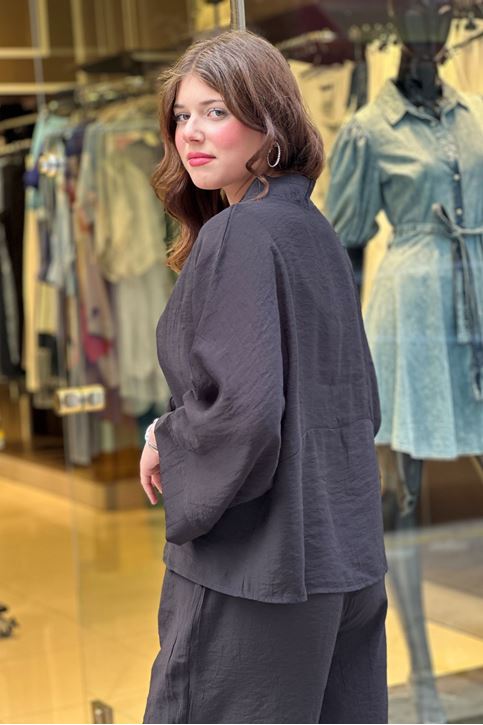 Salaş Ceket Detaylı Bol Paça Keten İkili Takım-Siyah