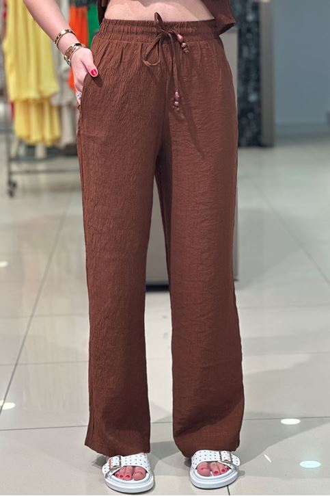 Kırışık Keten Doku Yelekli İkili Takım-Kahve