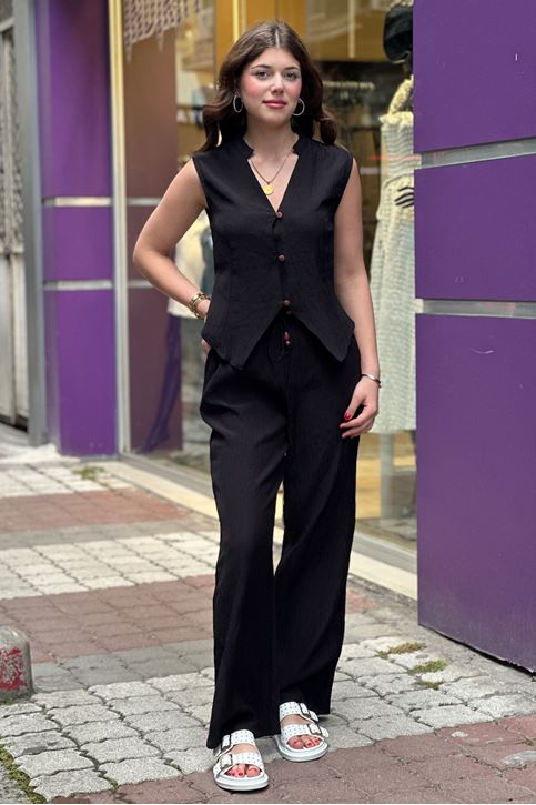 Kırışık Keten Doku Yelekli İkili Takım-Siyah