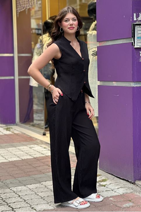 Kırışık Keten Doku Yelekli İkili Takım-Siyah