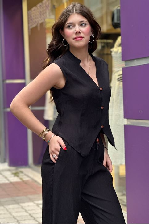 Kırışık Keten Doku Yelekli İkili Takım-Siyah