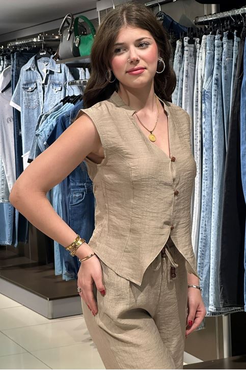 Kırışık Keten Doku Yelekli İkili Takım-Krem