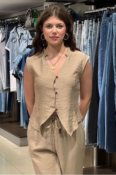 Kırışık Keten Doku Yelekli İkili Takım-Krem