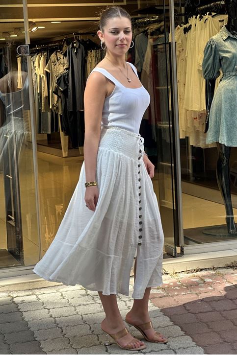 Ön Düğme Bel Lastikli Korse Detaylı Keten Etek-Beyaz