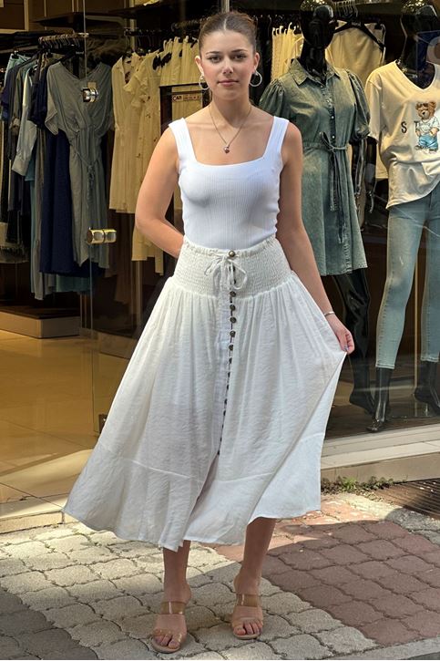 Ön Düğme Bel Lastikli Korse Detaylı Keten Etek-Beyaz