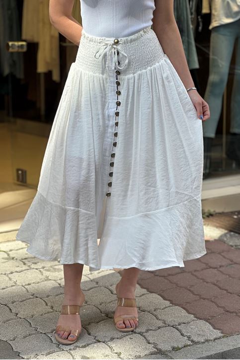 Ön Düğme Bel Lastikli Korse Detaylı Keten Etek-Beyaz