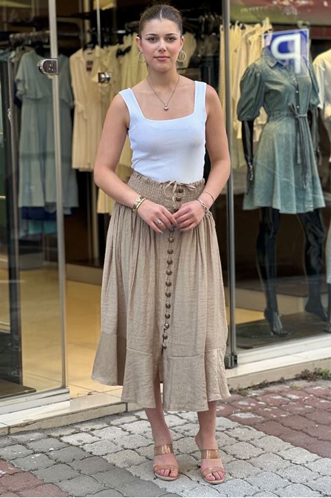 Ön Düğme Bel Lastikli Korse Detaylı Keten Etek-Vizon