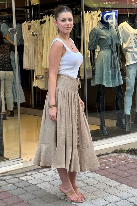 Ön Düğme Bel Lastikli Korse Detaylı Keten Etek-Vizon