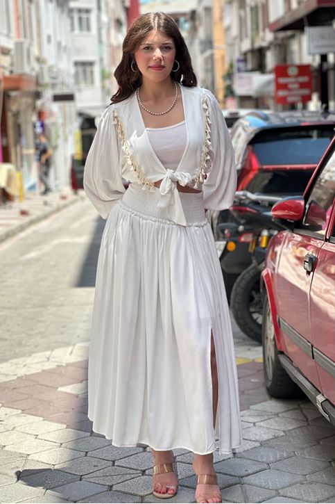 Ceket Püskül Detay Salaş Etekli İkili Takım-Beyaz