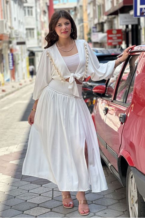 Ceket Püskül Detay Salaş Etekli İkili Takım-Beyaz