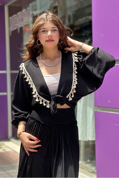 Ceket Püskül Detay Salaş Etekli İkili Takım-Siyah