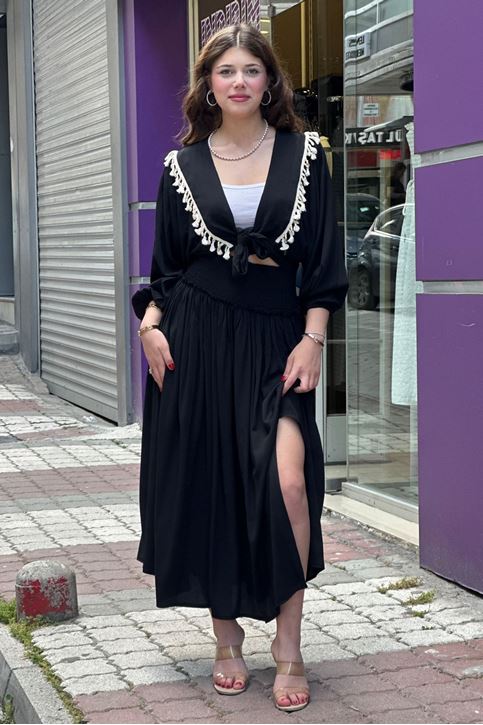 Ceket Püskül Detay Salaş Etekli İkili Takım-Siyah