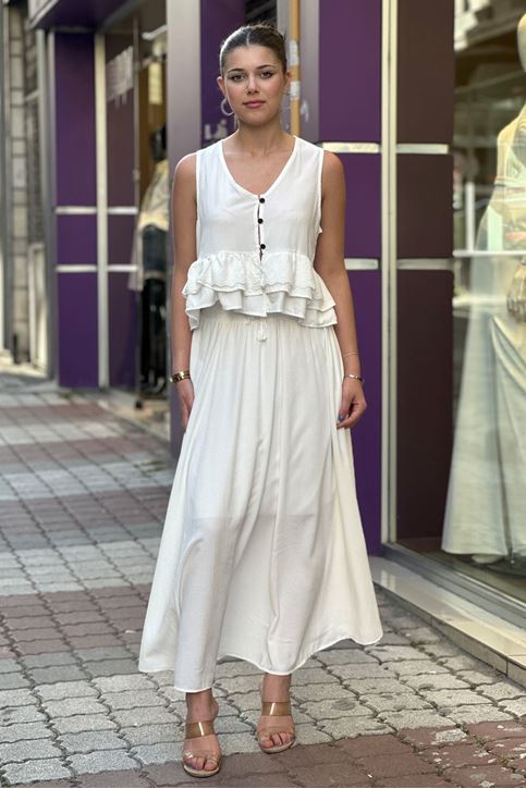 Yeleği Volan Dantel Detaylı Etekli Takım-Beyaz