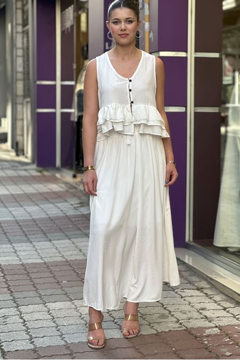 Yeleği Volan Dantel Detaylı Etekli Takım-Beyaz