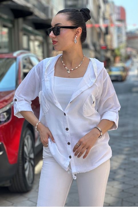 Kapşonu Ve Cep Pulpayet Detay Keten Gömlek-Beyaz