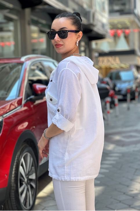 Kapşonu Ve Cep Pulpayet Detay Keten Gömlek-Beyaz