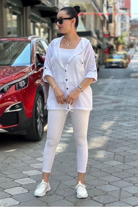 Kapşonu Ve Cep Pulpayet Detay Keten Gömlek-Beyaz