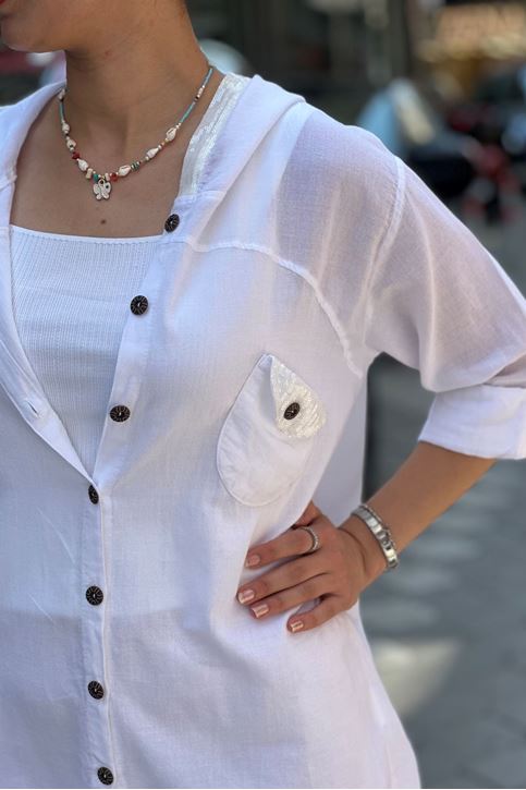 Kapşonu Ve Cep Pulpayet Detay Keten Gömlek-Beyaz