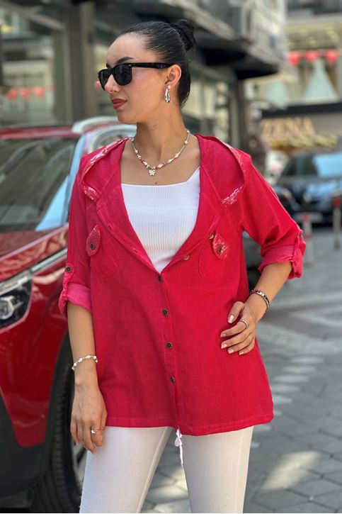 Kapşonu Ve Cep Pulpayet Detay Keten Gömlek-Kırmızı