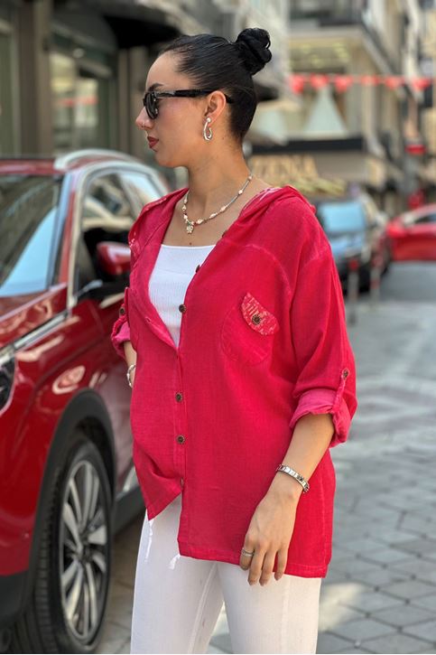 Kapşonu Ve Cep Pulpayet Detay Keten Gömlek-Kırmızı