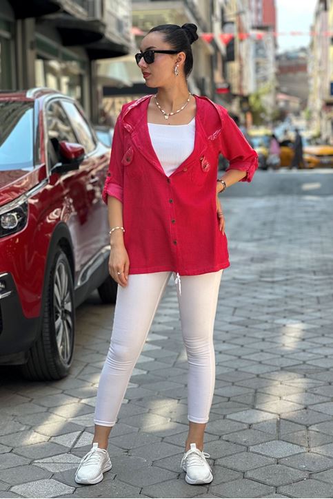 Kapşonu Ve Cep Pulpayet Detay Keten Gömlek-Kırmızı