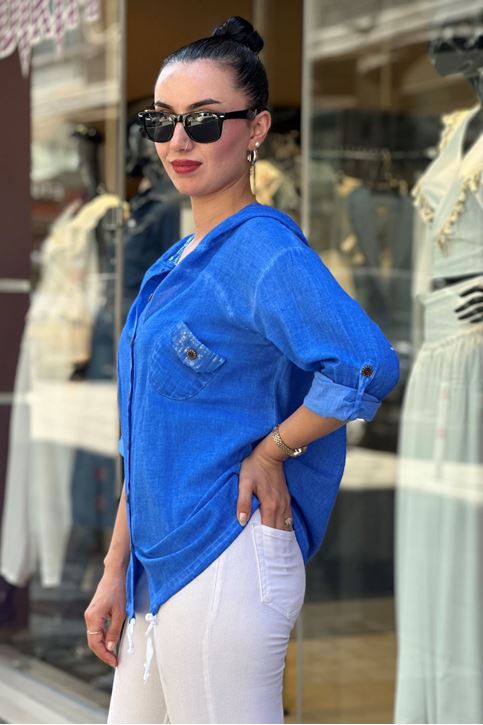 Kapşonu Ve Cep Pulpayet Detay Keten Gömlek-Mavi