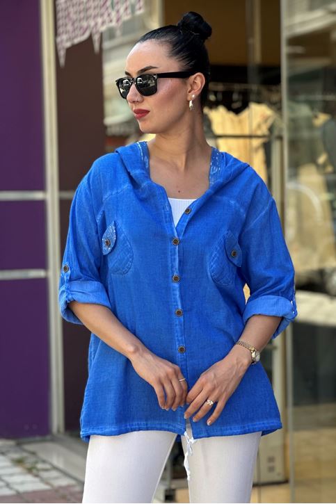Kapşonu Ve Cep Pulpayet Detay Keten Gömlek-Mavi