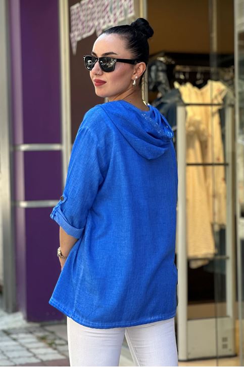 Kapşonu Ve Cep Pulpayet Detay Keten Gömlek-Mavi