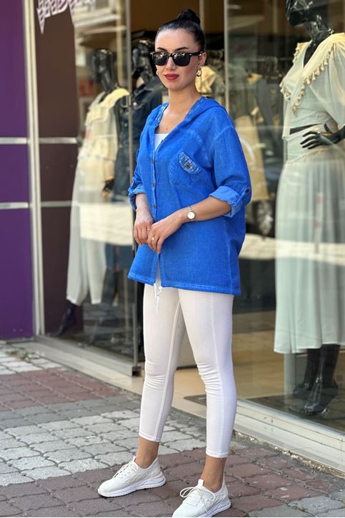 Kapşonu Ve Cep Pulpayet Detay Keten Gömlek-Mavi