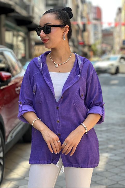 Kapşonu Ve Cep Pulpayet Detay Keten Gömlek-Mor