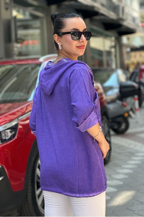 Kapşonu Ve Cep Pulpayet Detay Keten Gömlek-Mor