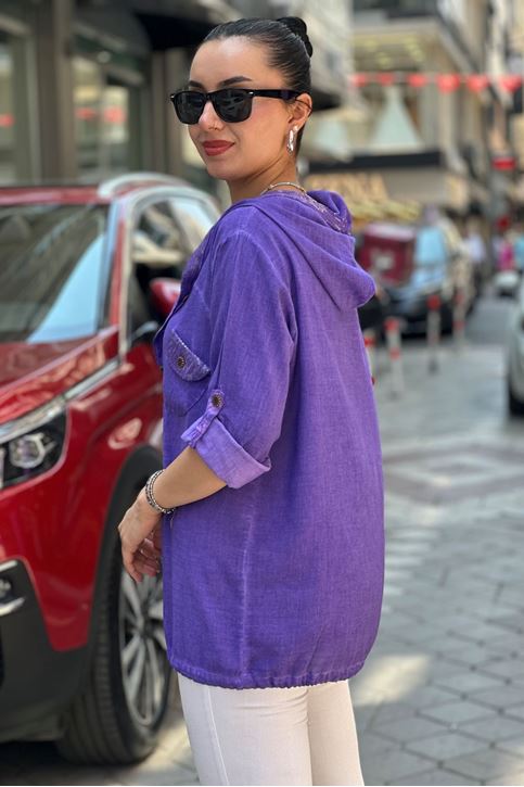 Kapşonu Ve Cep Pulpayet Detay Keten Gömlek-Mor