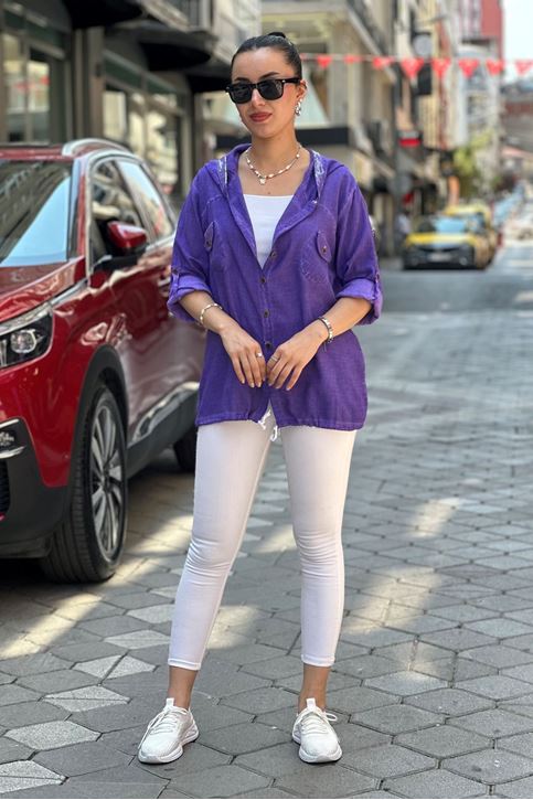 Kapşonu Ve Cep Pulpayet Detay Keten Gömlek-Mor