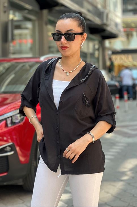 Kapşonu Ve Cep Pulpayet Detay Keten Gömlek-Siyah