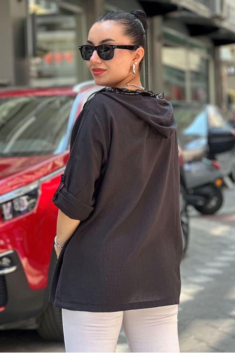 Kapşonu Ve Cep Pulpayet Detay Keten Gömlek-Siyah