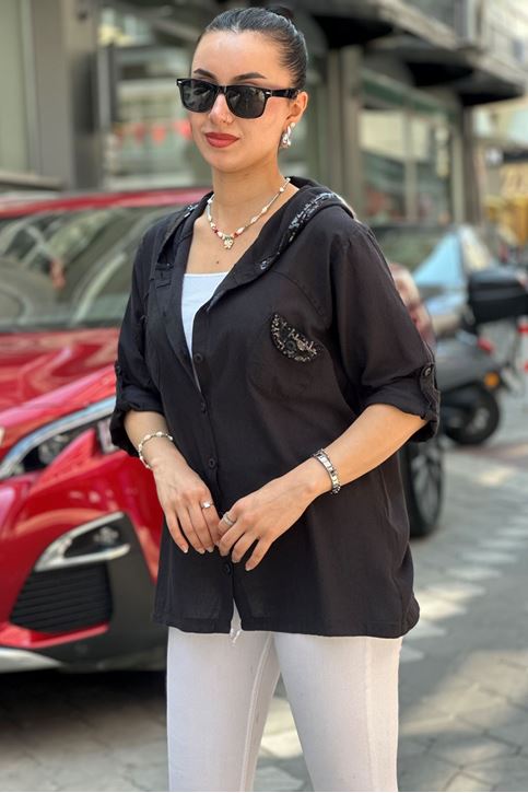 Kapşonu Ve Cep Pulpayet Detay Keten Gömlek-Siyah